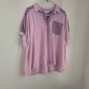 Umgee Shirt Women Small Pink Button Down Gingham Casual Artsy Academia Relaxed
